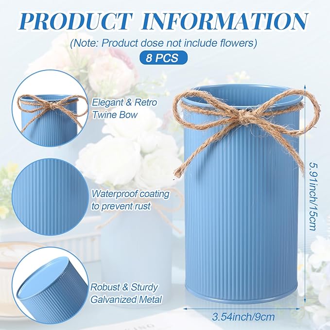 Domensi 5.91 in High Farmhouse Vase Decor Galvanized Metal Flower Vase with Twine Bow Vintage Rustic Tin Flower Buckets for Artificial Floral Table Container DIY(Haze Blue,8 Pcs)