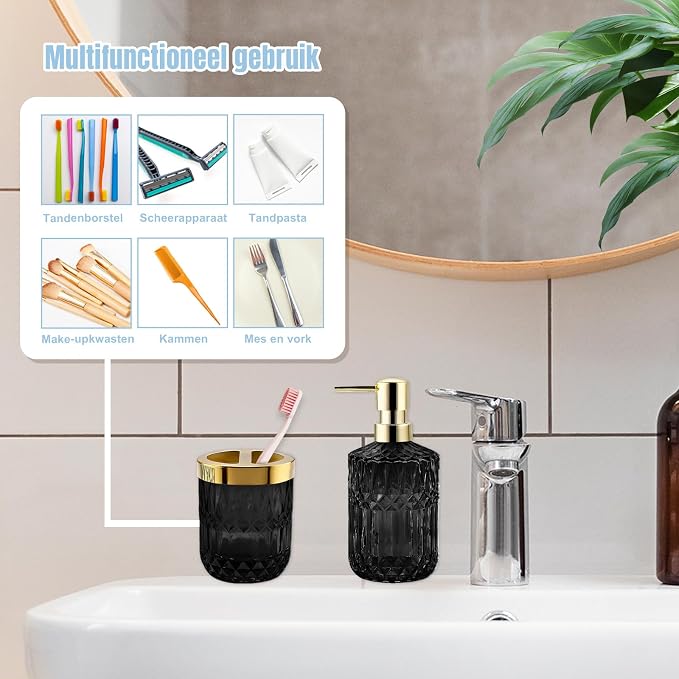 2Pcs Black Bathroom Accessories Set, Glass Bathroom Accessories, Vintage Bathroom Countertop Decoration Includes Soap Dispenser, Toothbrush Holder