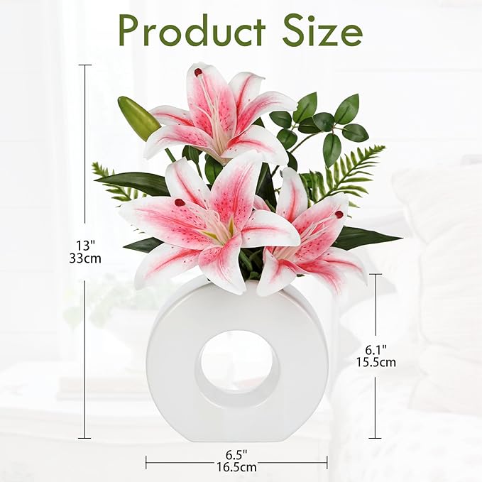 Artificial Flowers in Vase 13" Realistic Fake Lilies Flowers with 3 Heads Full Bloom Tiger Lily Floral Arrangement Pink Faux Flowers for Vase Table Centerpieces Home Wedding Bathroom Office Decor