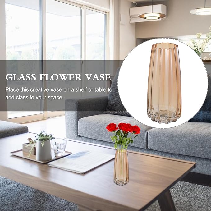 TOYANDONA Creative Electroplated Ribbed Amber Glass Vase Desktop Floral Container for Home Decoration and Flower Arrangement Gift for Special Occasions