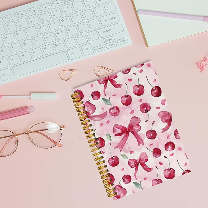 JKMBN Trendy Coquette Pink Bow Cherry Journaling Notebooks, Preppy Spiral Notebook, Cute Notebook Journal for Girls, Pink Office Supplies, Hardcover Spiral Lined Notebook 5.5 x 8.3