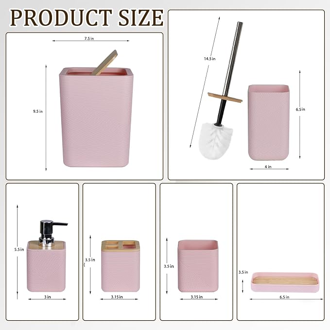 CERBIOR Bathroom Accessories Set 6 Piece Bamboo Bath Ensemble Includes Soap Dispenser, Toothbrush Holder, Toothbrush Cup, Soap Dish for Decorative Countertop and Housewarming Gift (Pink)