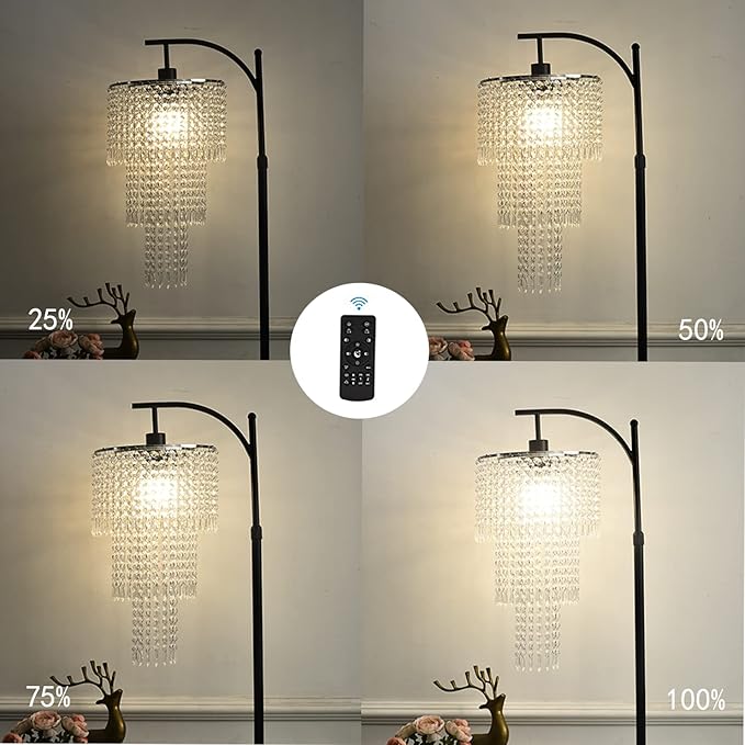 ZECOXOL Arc Floor Lamp for Living Room Modern Floor Lamp with Remote Control,Dimmable Crystal Floor Lamps Black Standing Lamp with 10 Color Temperature Tall Chandelier Floor Lamps for Bedroom Corner