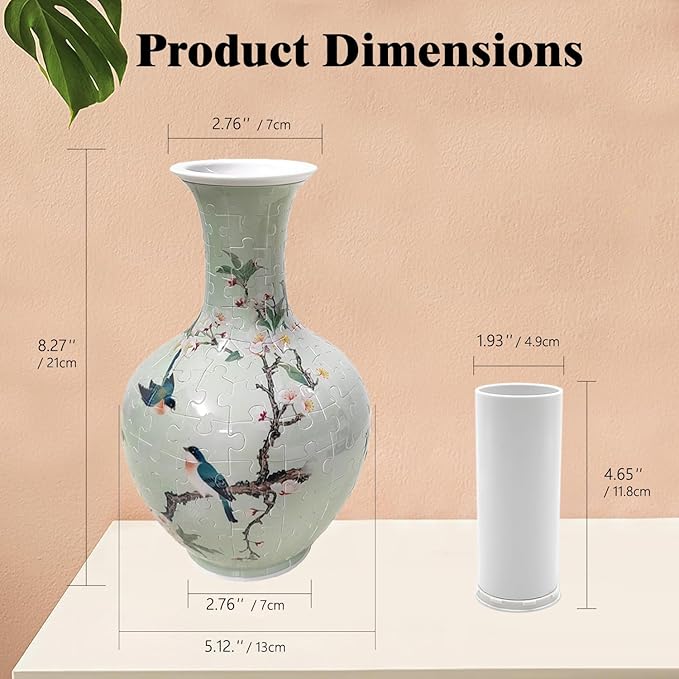 3D Puzzle Vase, 160 Curved Pieces DIY Flower Vase Craft Kit & 3D Puzzles for Adults, Creative Jigsaw Art Project Home Décor Centerpiece, for Women, Mom (Green Plum Blossom & Birds)