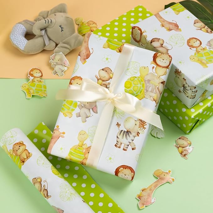 Homeral Baby Shower Jumbo Wrapping Paper Roll - Neutral Cute Safari Animals & Polka Dot Pattern, Reversible Green Newborn Gift Wrap for Baby Shower, 1st Birthday, Party - 30 Inch x 100 Feet