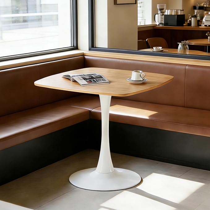 31.5 Inch Square Dining Table for 2 to 4 Person Mid Century Modern Tulip Table with Metal Pedestal Base Thick MDF Top for Apartment Kitchen Bistro Office, Oak and White