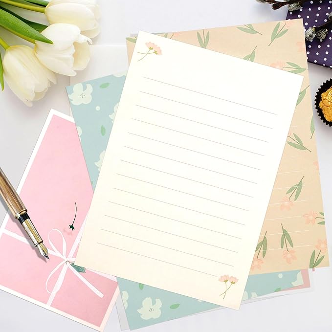 KSIWRE 48 PCS Stationery Paper and Envelopes Set,Cute Floral Stationary Set for Writing Letters,Double Sided Printing,Letter Writing Kit
