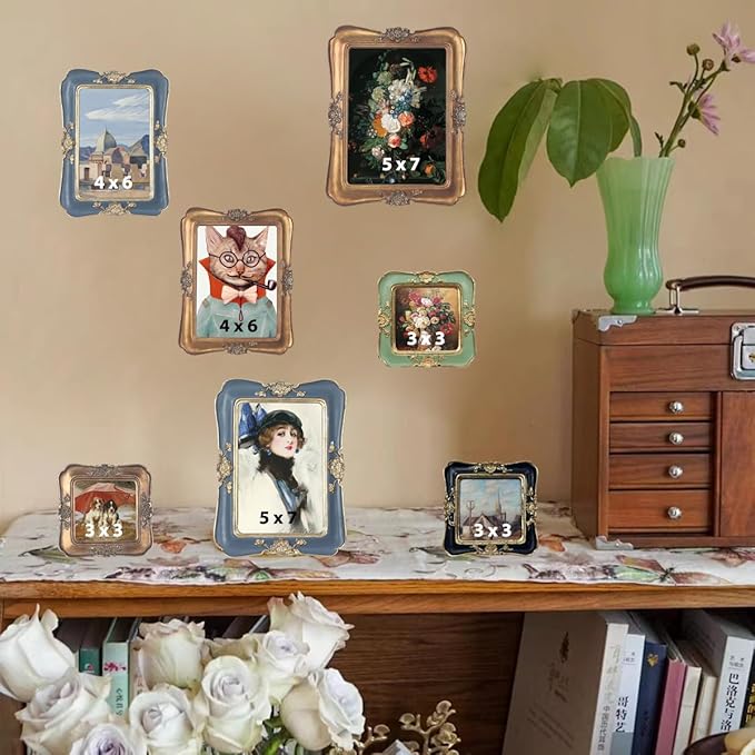 WINPLUS+ Vintage Picture frames 3x3,Luxury Antique Photo Frames With Golden Embossed Flower Furnishing, Retro Style Decor, Wall and Tabletop Display, Art Gallery (3 * 3-Green)