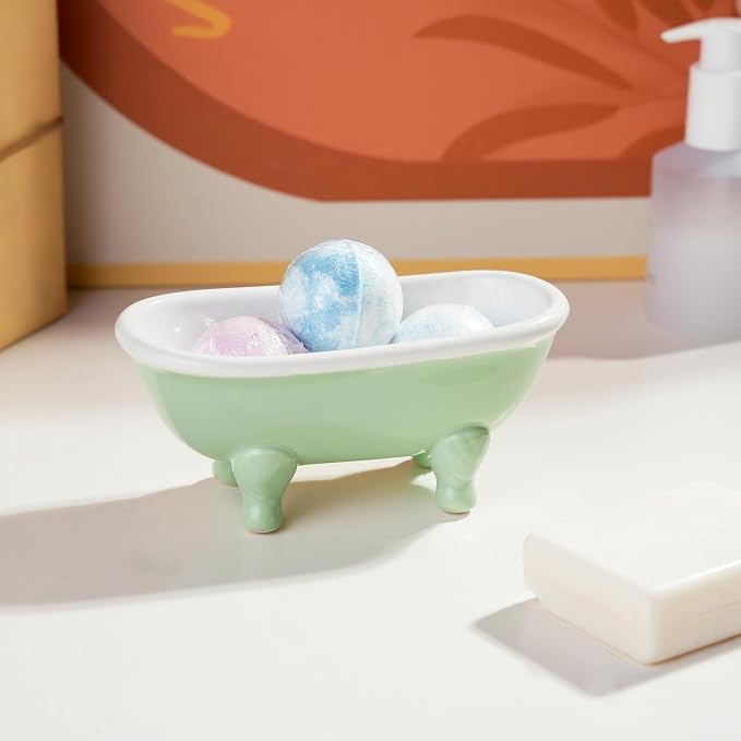 5.7" Ceramic Mini Clawfoot Bathtub Bar Soap Dish, Decorative Bar Soap Holder for Shower, Bathroom & Kitchen Sink (Pink)