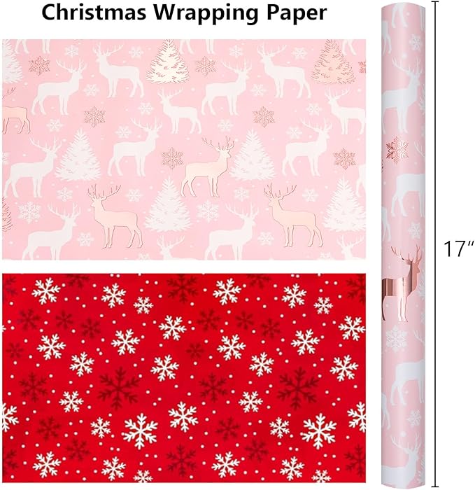 MAYPLUSS Christmas Wrapping Paper Roll, 17 Inch X 16.5 Feet Gift Wrapping Paper Featuring Tree Reindeer Reversible Snowflake Merry Christmas Thick Wrap Paper for Holiday Party New Year Kids