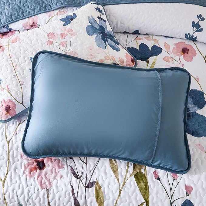 Anibedding Dark Blue Quilt Set Full Size, Floral Bedspread Soft Microfiber Lightweight Quilt Bedding Sets Flower Coverlet for All Season(Full,78"x90")