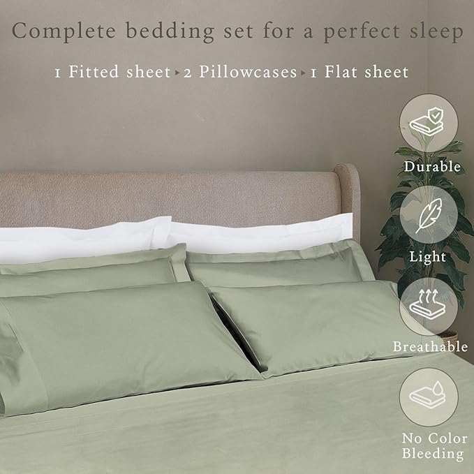 Threadmill 100% Cotton Deep Pocket/Soft/Fade Resistance, 500 Thread Count, Solid 4-Piece Full Size Bed Sheet Set (1 Flat, 1 Fitted Sheet, 2 Pillow Covers), Sage Green