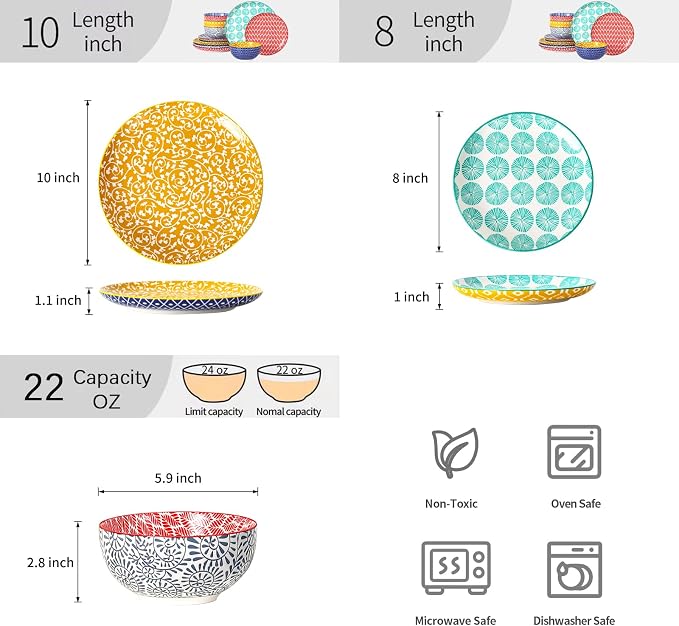 Selamica Ceramic Plates and Bowls Sets,12 Pieces Dinnerware Sets for 4,Scratch Resistant Dish Set,Dishwasher & Microwave Safe, Assorted Colors