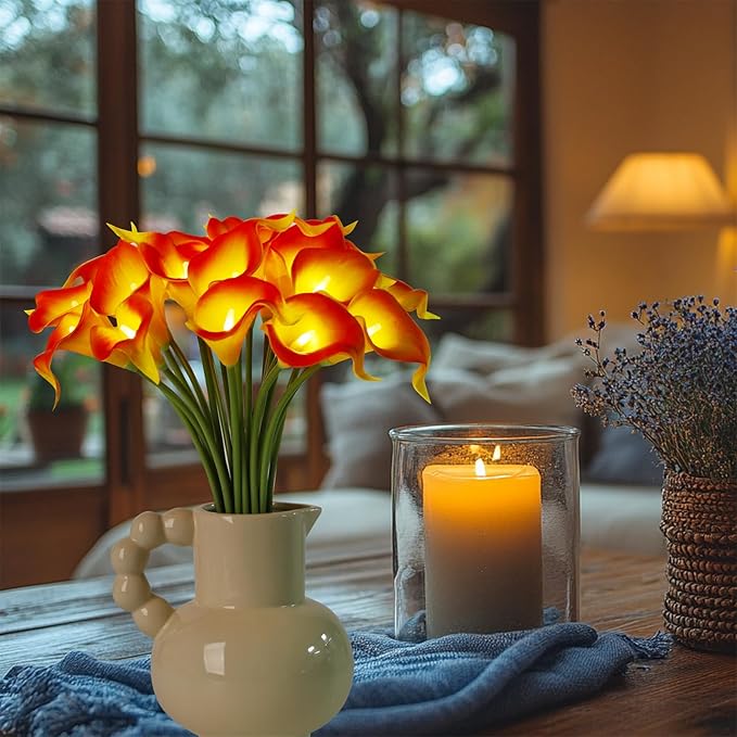 20pcs Lighted Artificial Calla Lily Bouquet Lamp Faux Floarl Night Light Real Touch Flower Night Lamp LED Calla Lily Artificial Flower Light for Christmas Gifts Home Kitchen Decor(Orange)