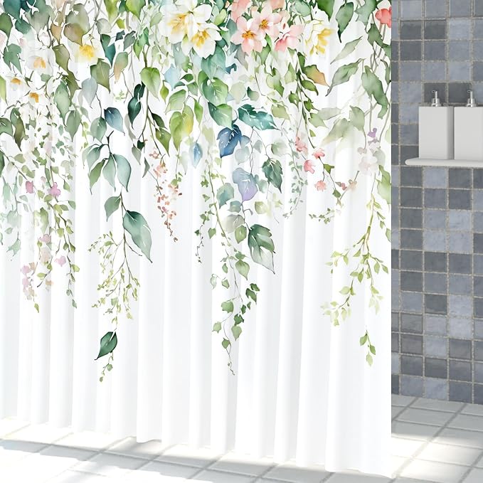 Sage Green Eucalyptus Shower Curtain Watercolor Botanical Floral Leaves Shower Curtain Set Spring Nature Bathroom Decor with 12 Hooks,69x70 Inches