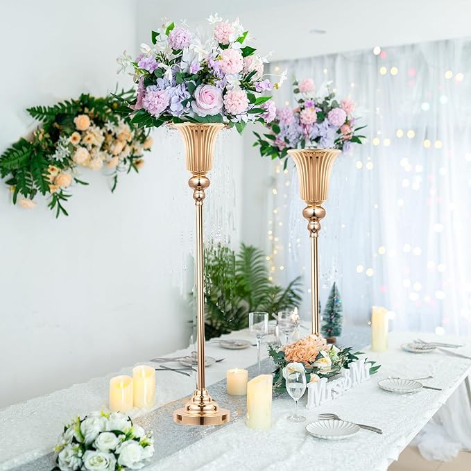 32.2" Height Versatile Gold Tall Vases for Centerpieces, Metal Trumpet Vases for Wedding Party Dinner Centerpiece, Road Lead for Anniversary Celebration Birthday, 2pcs