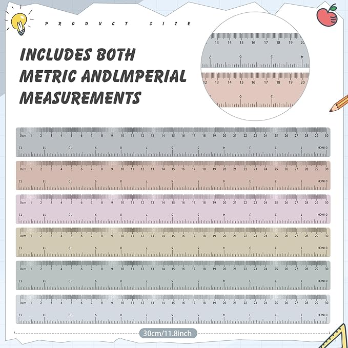 ForraFun 60 Pcs Plastic Clear Rulers 12 Inch, Transparent Assorted Color Ruler Bulk, with Imperial and Metric Scales for Home Office Supplies, Available in 6 Colors(Morandi)