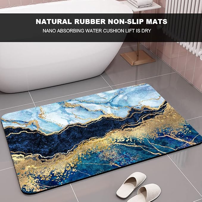 Diatomaceous Earth Bath Mat,Blue White Black and Gold Marble Non-Slip Volume Super Absorbent Fast Drying for Bathroom Kitchen Door mat,Eco-Friendly Easy to Clean 20×31Inch (50 * 80cm)