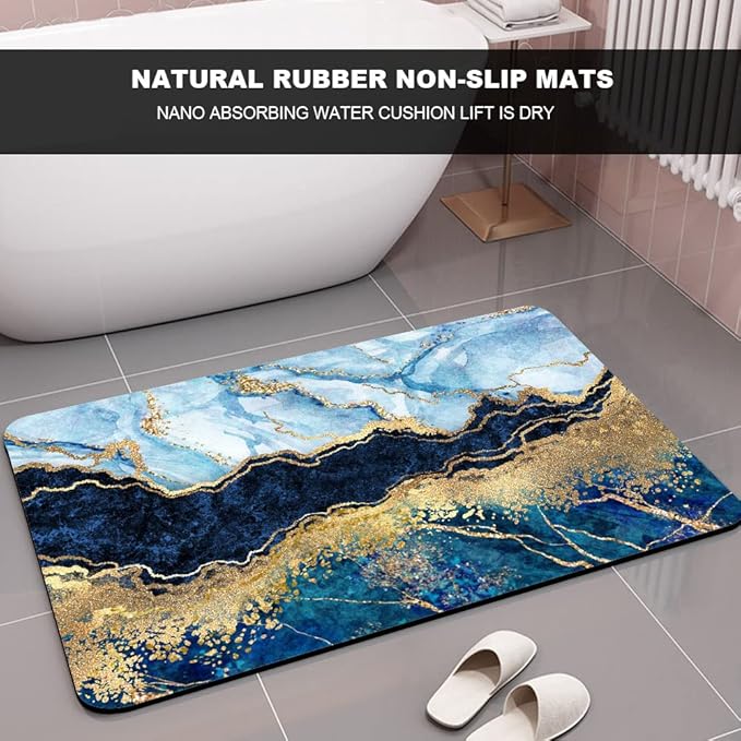 Diatomaceous Earth Bath Mat,Blue White Black and Gold Marble Non-Slip Volume Super Absorbent Fast Drying for Bathroom Kitchen Door mat,Eco-Friendly Easy to Clean 16×24Inch (40 * 60cm)