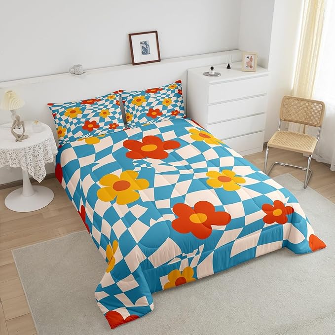 Castle Fairy Kids Vintage Groovy Daisy Flowers Comforter Set Twin Size,Abstract Blue Plaid Bedding Comforters Bedroom Decor,70s Hippie Floral Microfiber Duvet Set for Kids Teens,2 Pcs