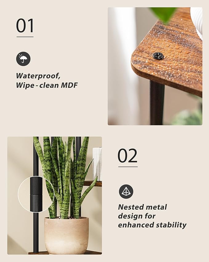GENTINGBRO Tall Plant Stand Indoor 5 Tiered Plant Shelf for Multiple Plants Coner Shelf Stand Wood Plant Stand Metal Shelving for Living Room Bedroom Balcony Patio Brown Oak