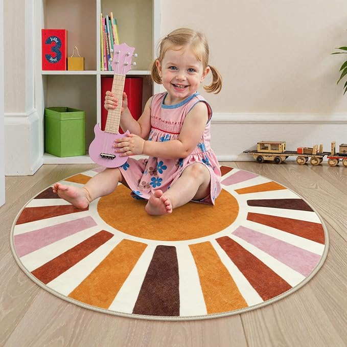 LIVEBOX Retro Sun Round Bathroom Rug 3 ft, Colorful Boho Rug Soft Circle Entryway Rugs for Bedroom, Cute Washable Non-Slip Kids Carpet Doormat for Dorm Living Room Nursery Room