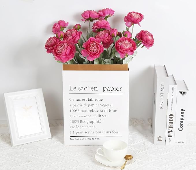 IPOPU Hot Pink Flowers Fake Peonies Artificial Ranunculus Flowers 6pcs 18Heads Hot Pink Silk Flowers 20.47" for Faux Floral Arrangements Wedding Bouquets Home Table Decor