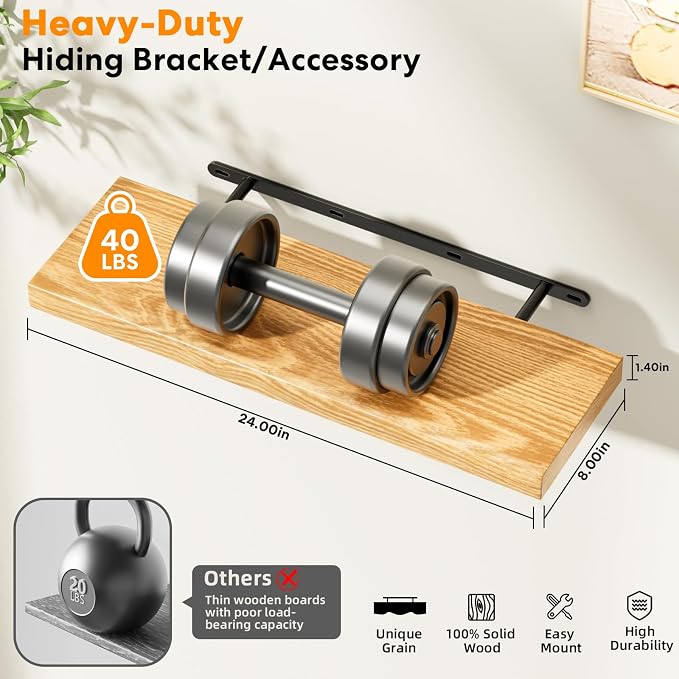 Solid Wood Live Edge Floating Shelves Set of 2 – 24" Rustic Wall Shelf with Hidden Bracket System, Wall Mounted Shelves for Bathroom, Kitchen, Living Room, Bedroom (Raw Wood)