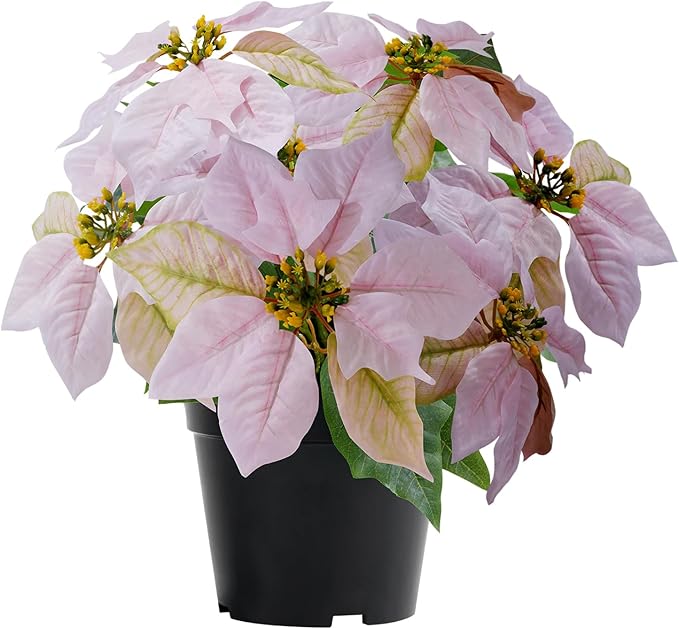 Artificial Pink Poinsettia Plant - 14Inch Faux Christmas Flowers for Indoor Outdoor Xmas Porch Garden Decorations