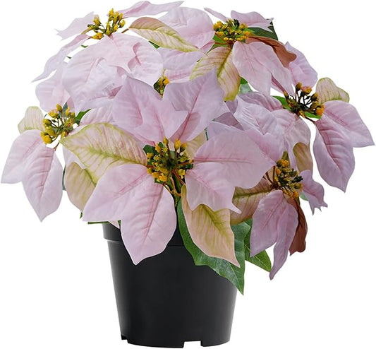 Artificial Pink Poinsettia Plant - 14Inch Faux Christmas Flowers for Indoor Outdoor Xmas Porch Garden Decorations