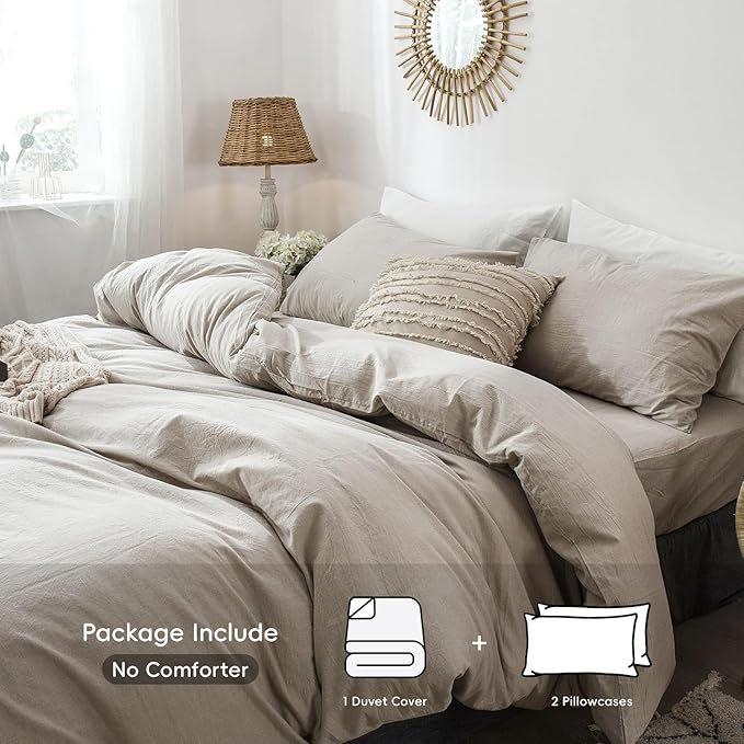 MooMee Bedding Duvet Cover Set 100% Washed Cotton Linen Like Textured Breathable Durable Soft Comfy (Heathered Tannish Linen Grey, Super King Plus 120"x120")