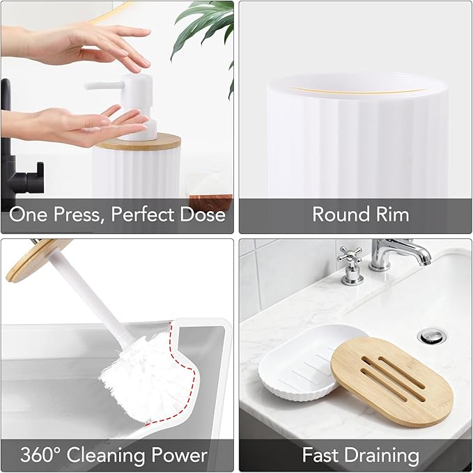 Bathroom Accessory Set, 10 Pieces Bath Set- Wicker Trash Can Tissue Box Soap Dish Toothbrush Holder Rinse Cup Lotion Bottle Toilet Brush Qtip Holder - Practical Bathroom Decor Sets (White, Bath Set)