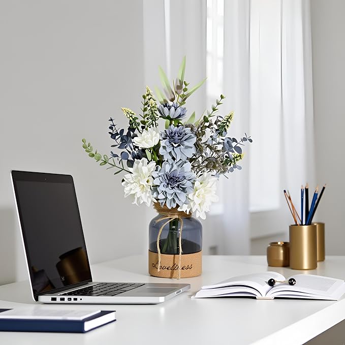 LADADA Fake Flowers in Vase,Silk Dahlias in Vases,Flower Arrangements for Table,Used for Home Office, Bathroom, Kitchen Decoration Et