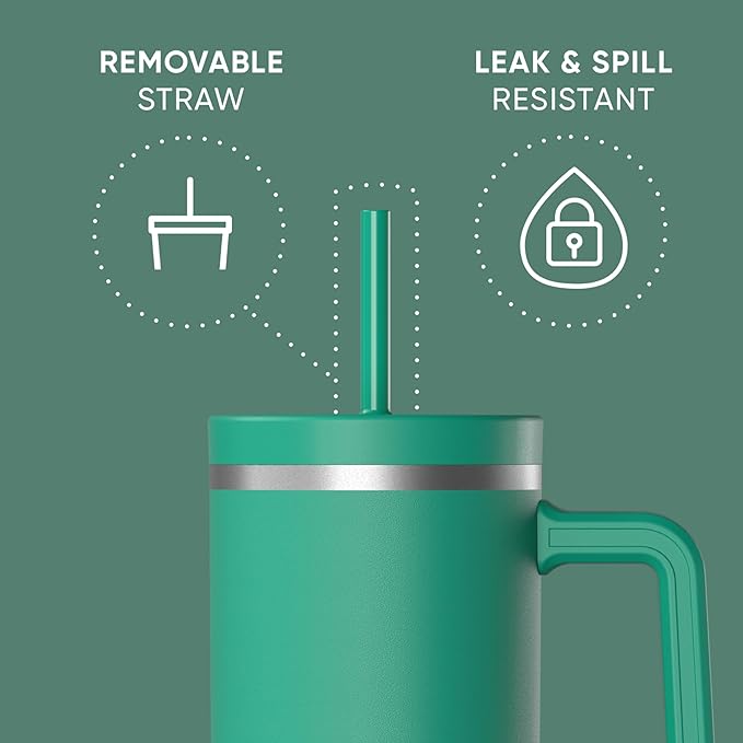 Hydrapeak Voyager 40 Oz Stainless Steel Tumbler with Handle, Insulated Water Bottle With Straw & Lid, Cupholder Friendly Reusable Travel Mug (Kelly Green)