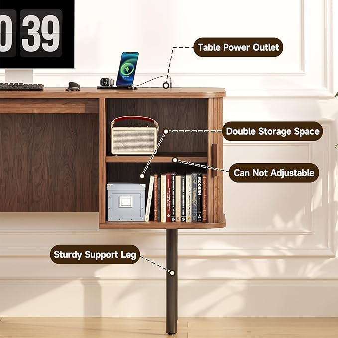 ONBRILL 55 Inch Fluted Computer Desk with Charging Station, Mid Century Executive Desk with 2 Storage Cabinets, Modern Home Office Large Desk with Metal Legs for Working, Studying, Writing, Walnut