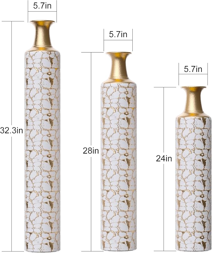 Metal Floor Vases Decorative, Set of 3 Flower Arrangement Stand, Metal Decorative Vase Tall Distressed Metallic Centerpiece Vases, 32", 28", 24" H (Antique White)