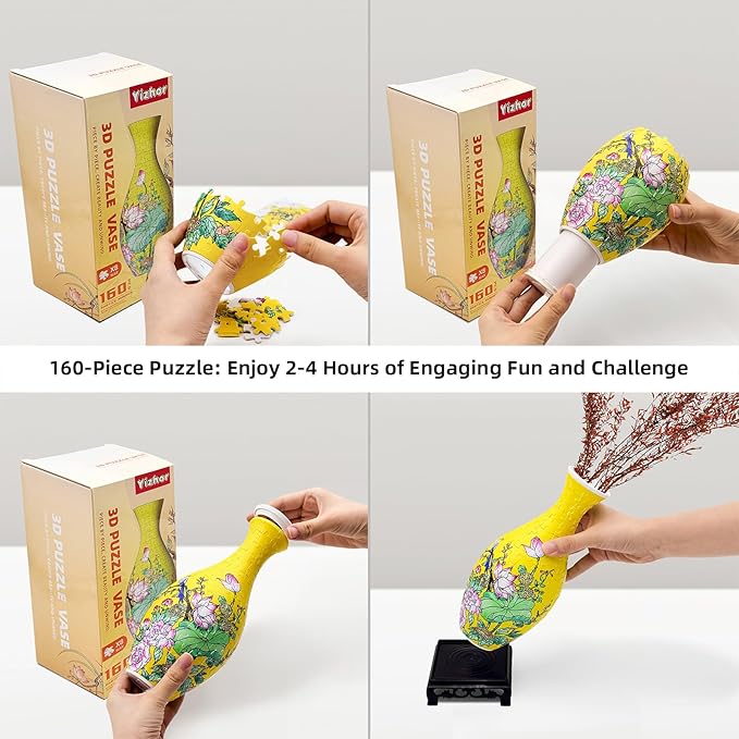 3D Puzzle Vase for Adults, 160 Curved Pieces Vase Puzzle Craft, DIY Bamboo Pattern Flower Vase with Water Cup, Creative 3D Jigsaw Puzzle Home Decoration (Yellow Lotus)