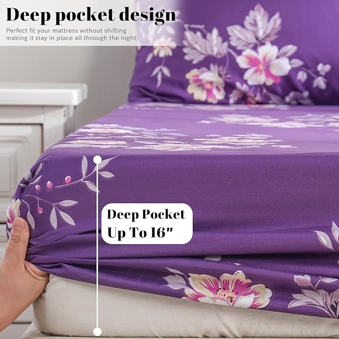 Bedlifes California King Sheet Set Ultra Soft, Breathable, Silky Flower Deep Pocket 100% Microfiber Bedding, 4 Piece Cal King Size Dark Purple Floral