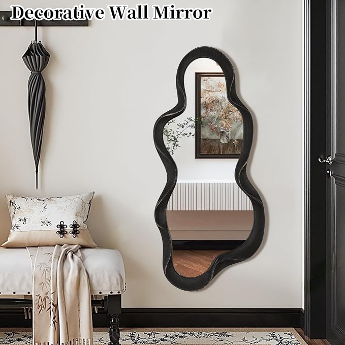 Irregular Wooden Framed Wall Mirror Modern Asymmetrical Hanging Mirror Artistic Cloud Shape Wall Decor Bathroom Vanity Bedroom Living Room Entryway Hallway Large