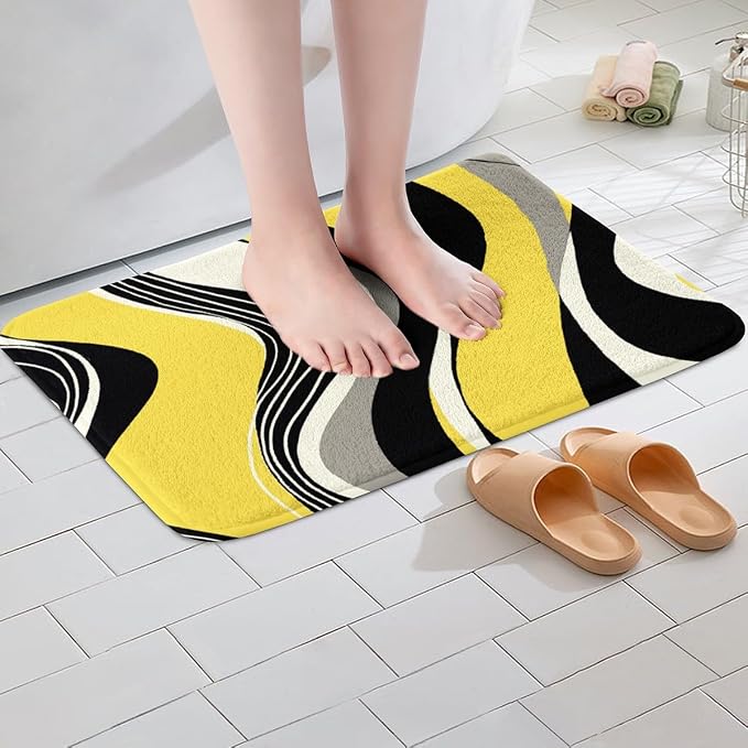 Feelyou Yellow and Gray Black White Bath Rugs Modern Abstract Geometric Bathroom Rugs Kids Boys Girls Teens Stripe Line Pattern Decor Bath Mats for Bathroom 16"x24" Bathroom Accessories