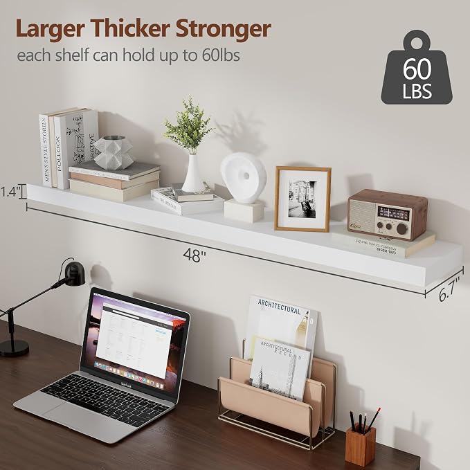 fuqing White Floating Shelves 48 Inch Set of 2, Solid Wood Wall Mounted Shelves 48 Inches Long, Modern Floating Shelves for Bedroom Living Room Bathroom - White