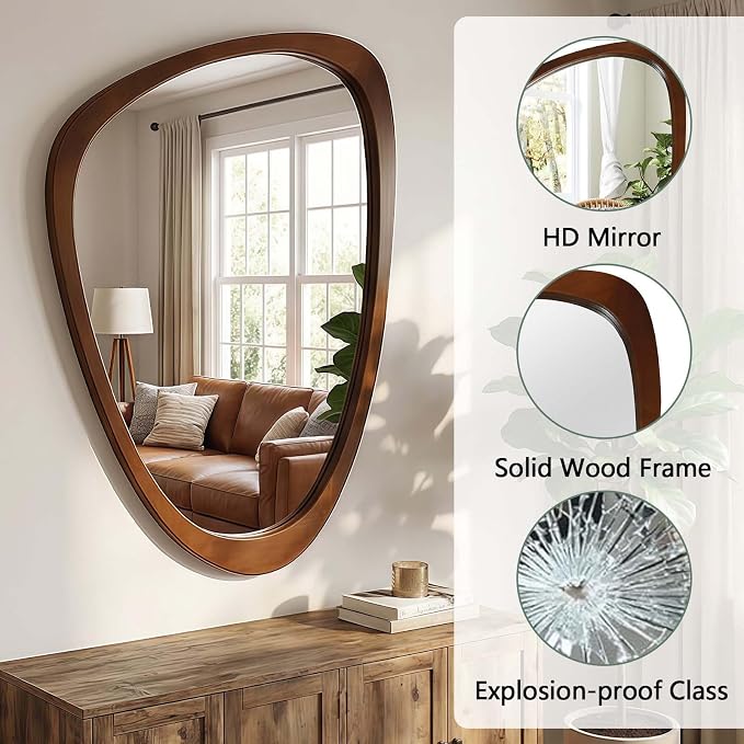 24x36 Inch Asymmetrical Wall Mirror Wood,Rustic Irregular Shaped Vanity Mirror for Bathroom,Bedroom, Living Room, Entryway, Fireplace,Wall Decor,Solid Wooden Frame (Dark Walnut, 24"x36" Inch)