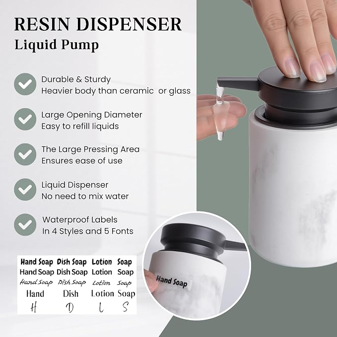 Clasin Home Liquid Soap Dispenser with Easy-to-Press Pump, 10 oz Refillable Hand Soap Dispenser with Extended Spout for Bathroom Kitchen Dish Lotion, Modern Stone Texture (White)