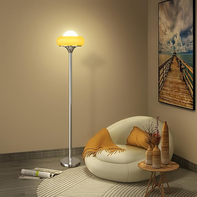 Mid-Century Modern Orange Floor Lamp,Bauhaus Style Mushroom Lamp for Reading,Tall Standing Lamp with Glass Lampshade for Living Room Bedroom and Office