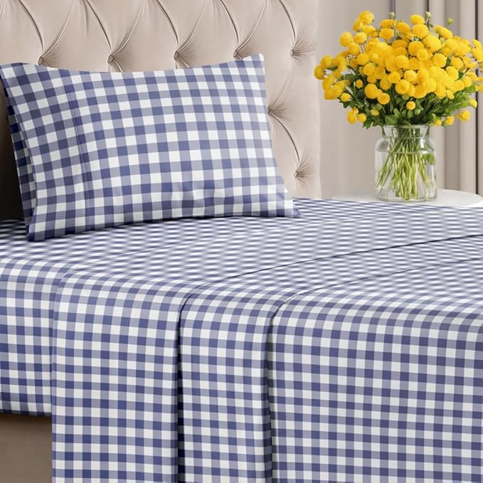 Blue Checkered Sheet Set - 1 Flat & 1 Fitted Sheet & 1 Pillowcase w/ Deep Pockets - Grid, Plaid, Gingham Pattern Bed Set - Cozy, Comfy, Wrinkle & Fade Resistant - Soft, Breathable & Cooling -Twin Size