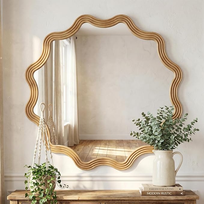 Farmhouse Wall Mirror - 31.5" Wood Frame Round Rustic Wall Decorative Mirrors, Circle Scalloped Wavy Round Boho Accent Mirror for Living Room, Bedroom, Entryway, Hallway, Fireplace (Natural)