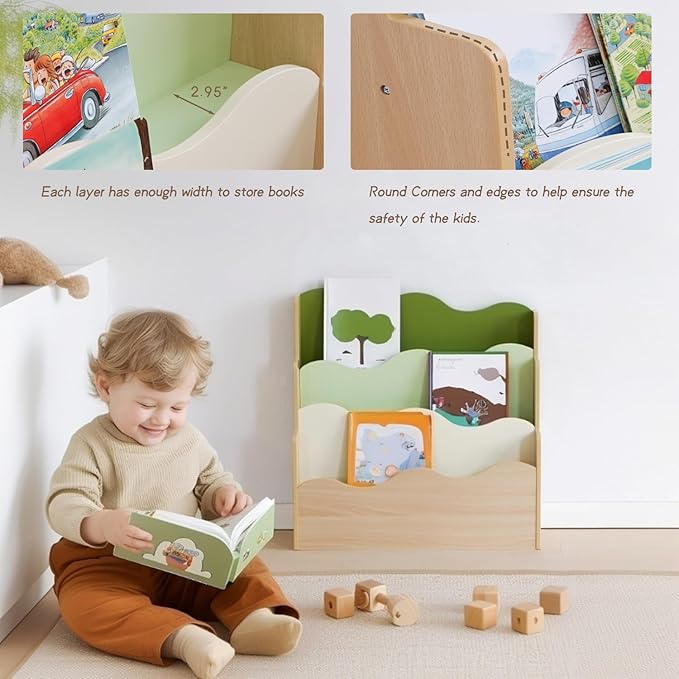 Kids Bookshelf Montessori Shelf for Toddlers, Front-Facing Book Organizer for Children, Pastel Nursery Floor Bookshelf, Wave Design Reading Corner Display Rack