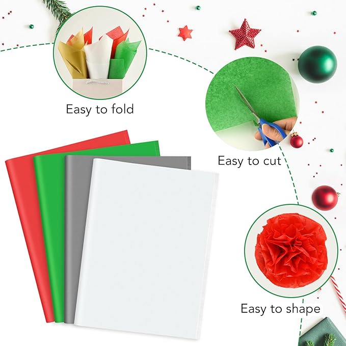 NEBURORA 100 Sheets Christmas Tissue Paper Red Green Grey White Gift Wrapping Tissue Paper for Holiday Gift Crafts Bags and Party Decorations
