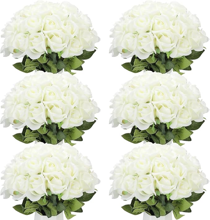 Jexine 50 Pcs Artificial Rose Flower Bulk Realistic Silk Fake Roses with Long Stem Plastic Artificial Flower Bouquet Real Looking for Home Wedding Centerpieces Party Decoration(Beige)