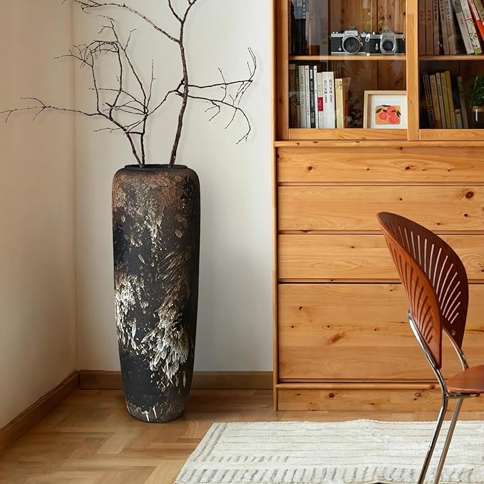 Black Rustic Ceramic Tall Floor Vase, 23.6 Inch Vintage Large Farmhouse Vase Pottery Clay Terracotta Rustic Vases for Home Decor Living Room Entryway Table Centerpieces,Kitchen,Housewarming Gifts